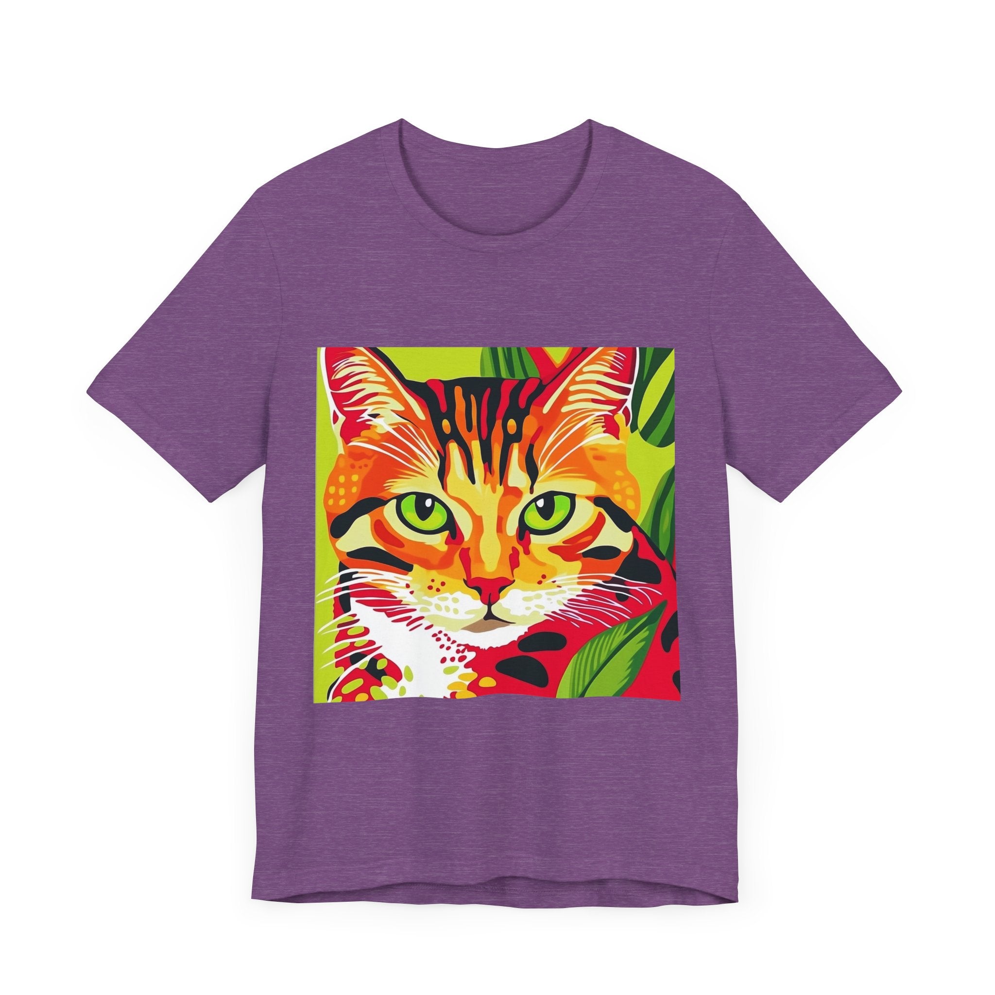 White short sleeve tee with a cute cat illustration and colorful stripes design