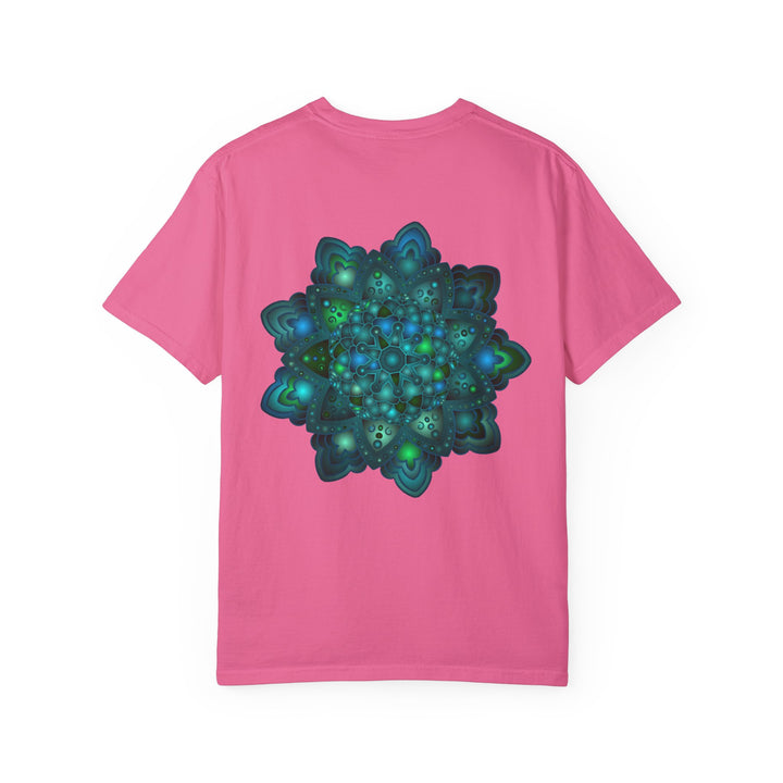 Intricate blue and green mandala design t-shirt, suitable for both men and women, available in unisex sizing