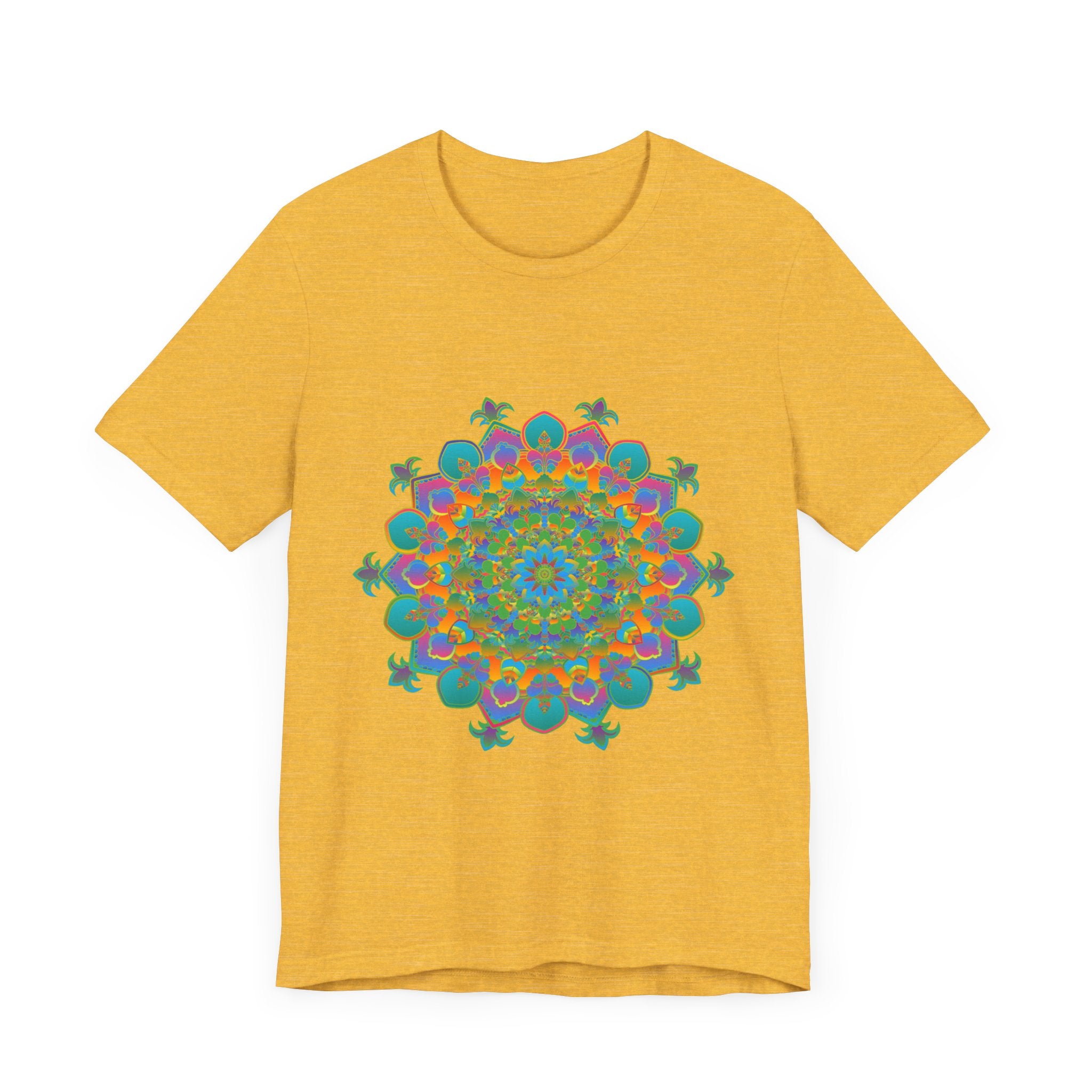 A colorful and intricate circular floral design of the Vibrant Mandala Tee