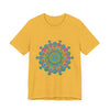 A colorful and intricate circular floral design of the Vibrant Mandala Tee