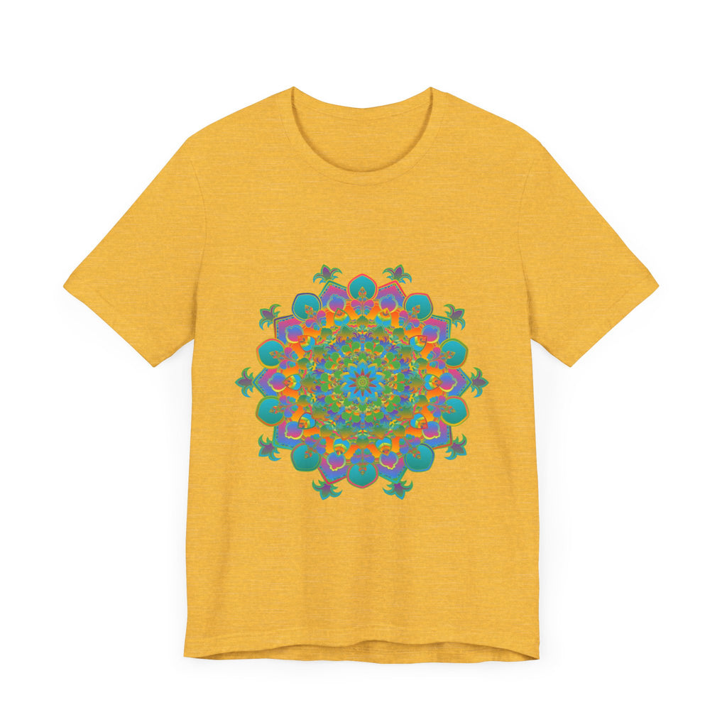 A colorful and intricate circular floral design of the Vibrant Mandala Tee