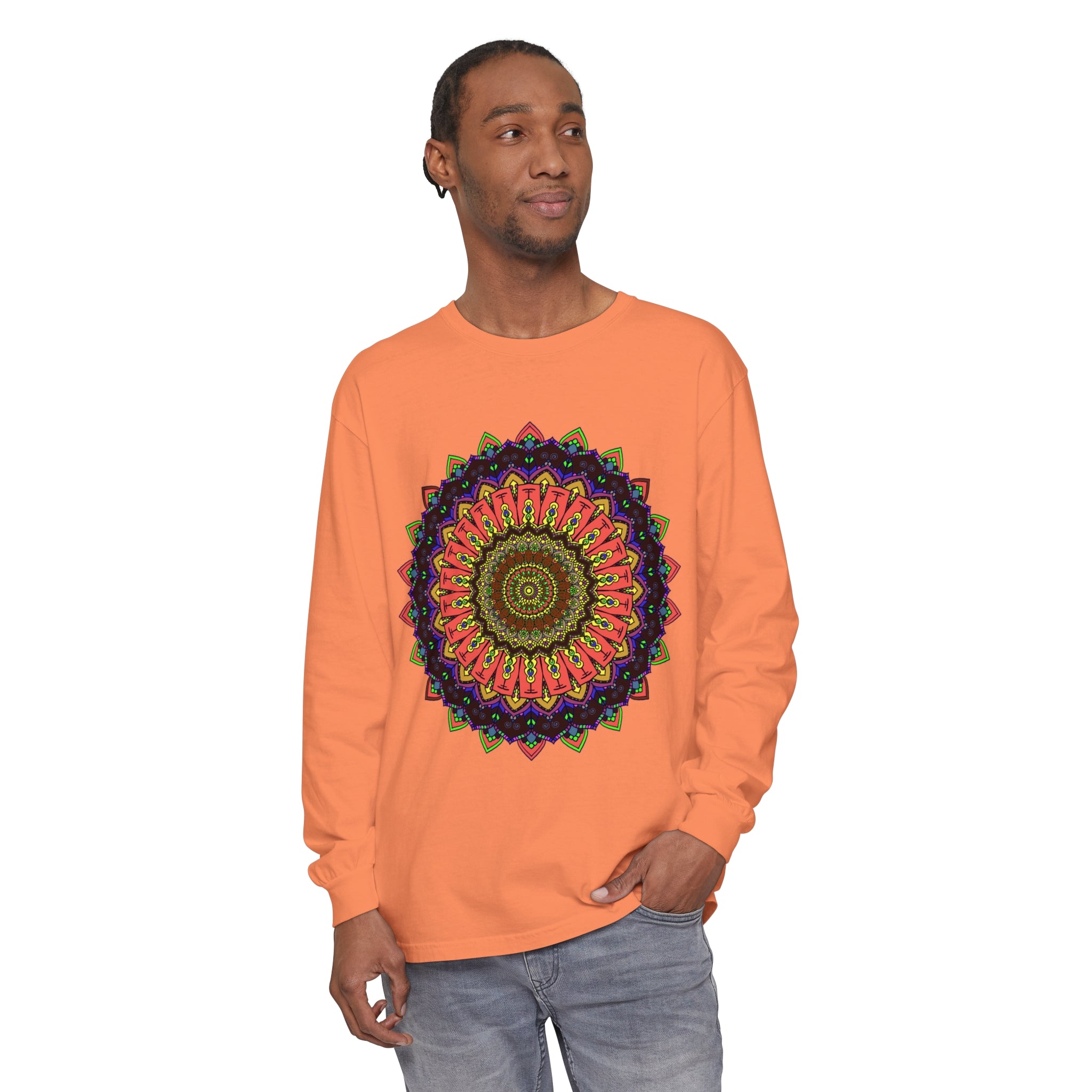 Colorful long sleeve t-shirt with intricate mandala design in vibrant hues