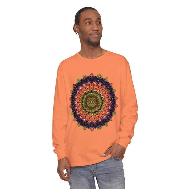 Colorful long sleeve t-shirt with intricate mandala design in vibrant hues