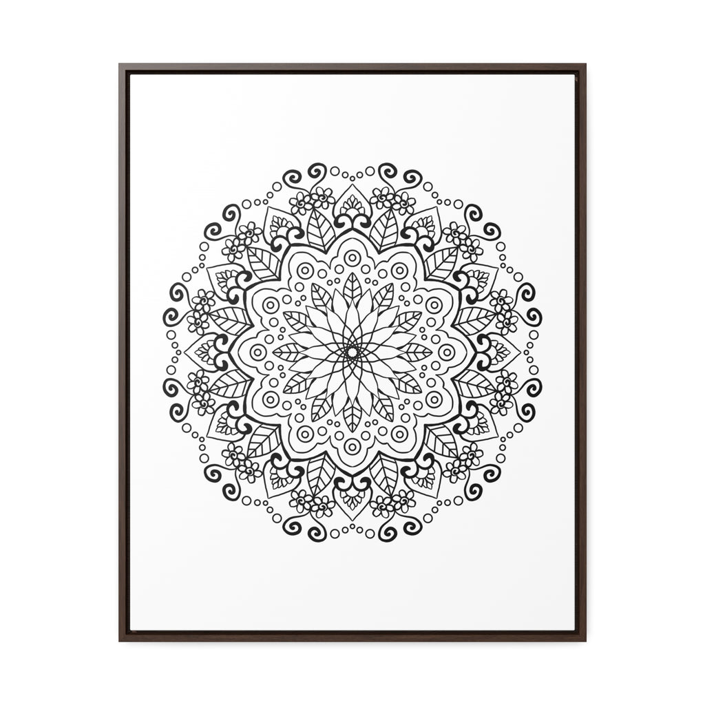 Handcrafted black and white mandala artwork on gallery canvas wraps with vertical frame for elegant wall decor