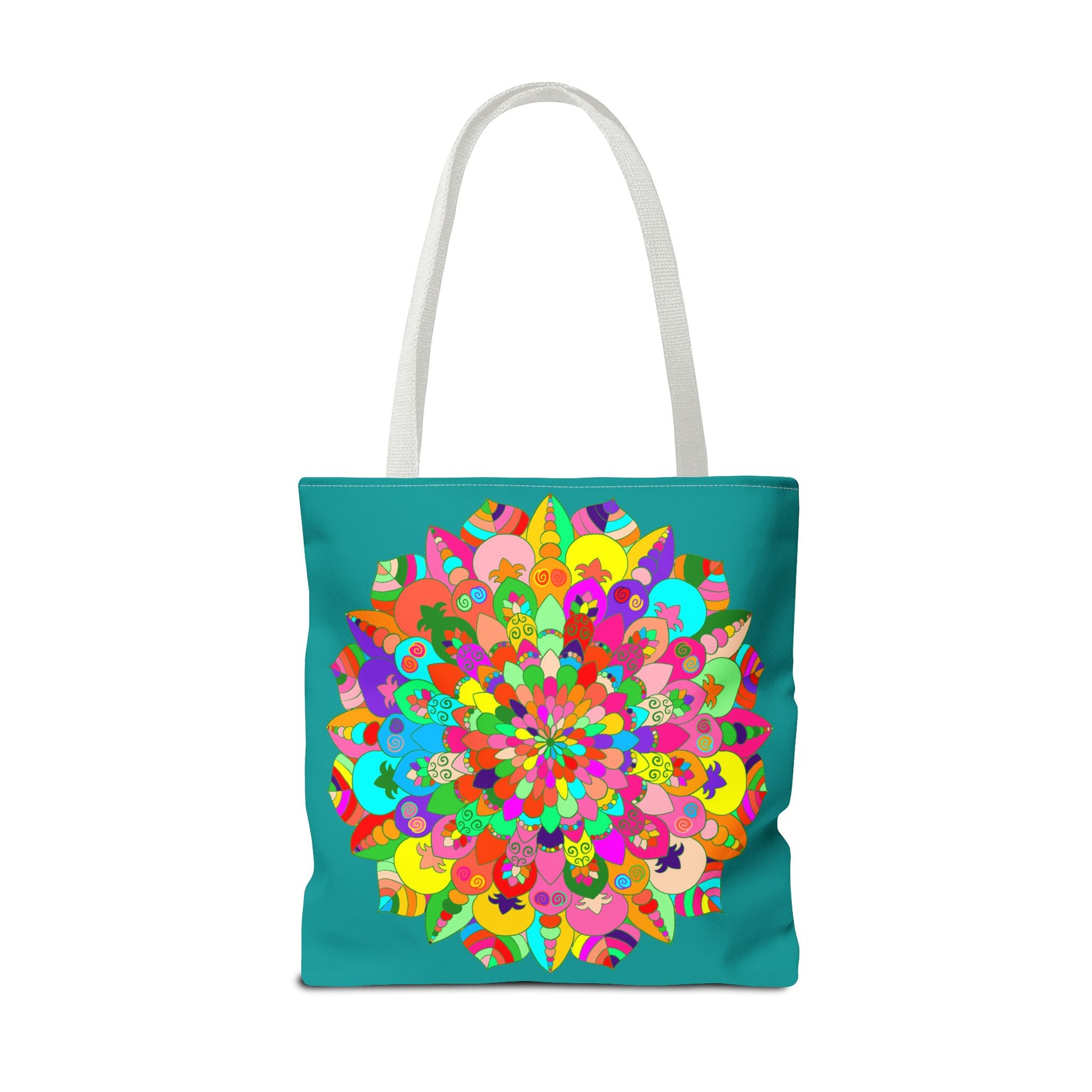 Vibrant and intricate aquamarine mandala art tote bag with colorful design