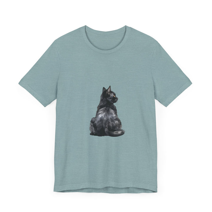 Black short-sleeve t-shirt featuring a mystical cat design, perfect for cat lovers