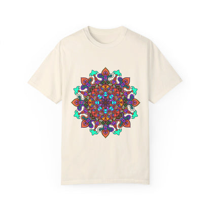 Unisex mandala t-shirt made from 100% ring-spun cotton with hand-drawn mandala art and garment-dyed for extra comfort