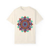 Unisex mandala t-shirt made from 100% ring-spun cotton with hand-drawn mandala art and garment-dyed for extra comfort