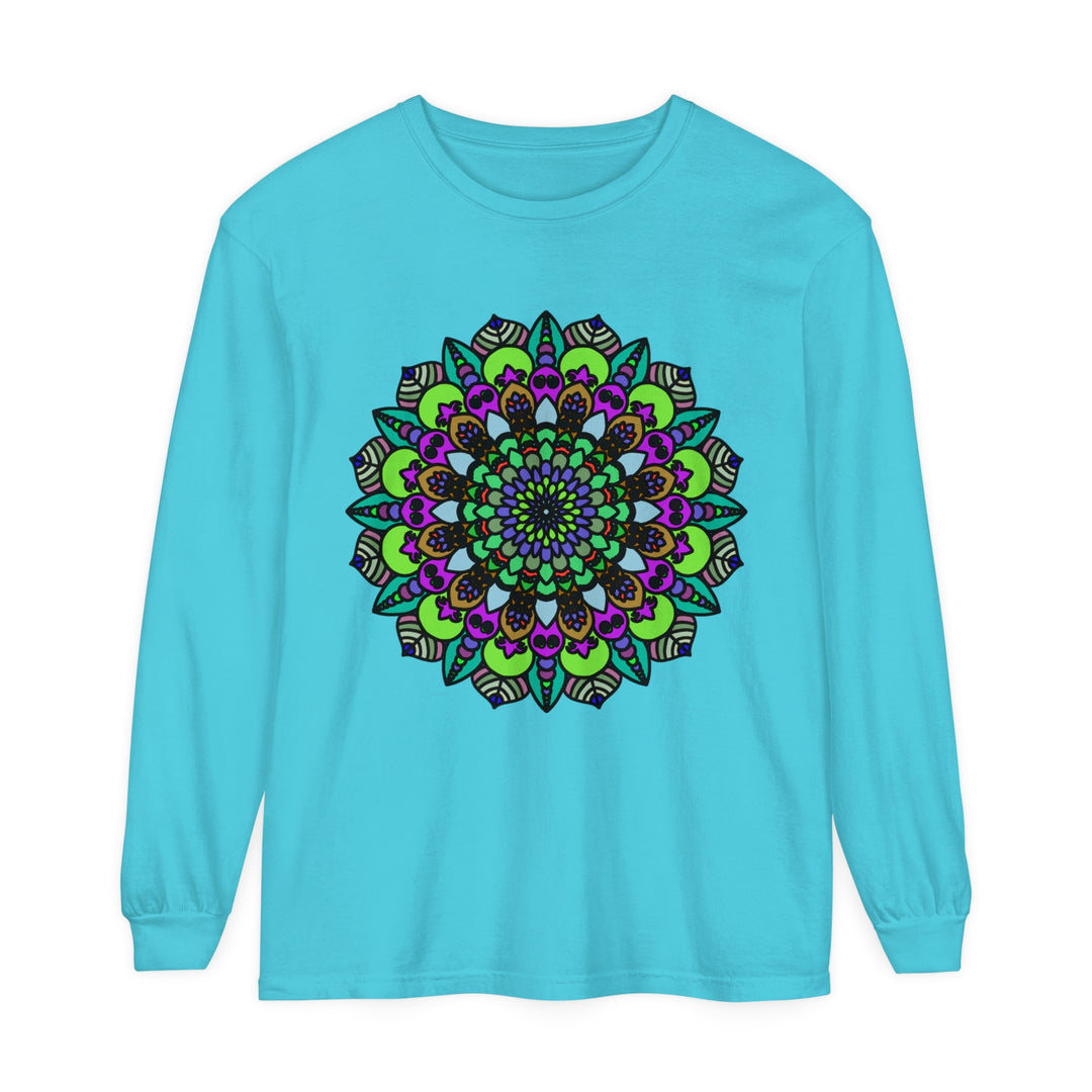 Colorful and intricate psychedelic mandala design on a unisex long sleeve t-shirt