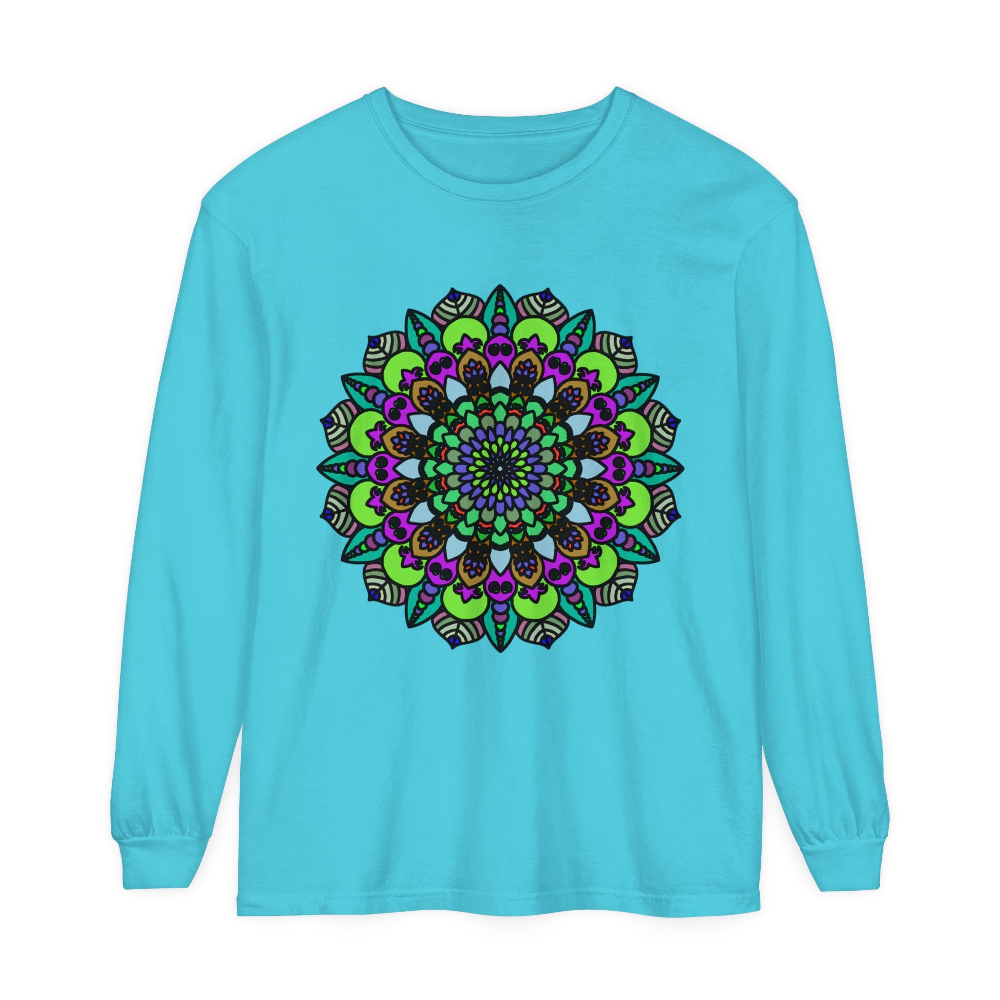 Colorful and intricate psychedelic mandala design on a unisex long sleeve t-shirt