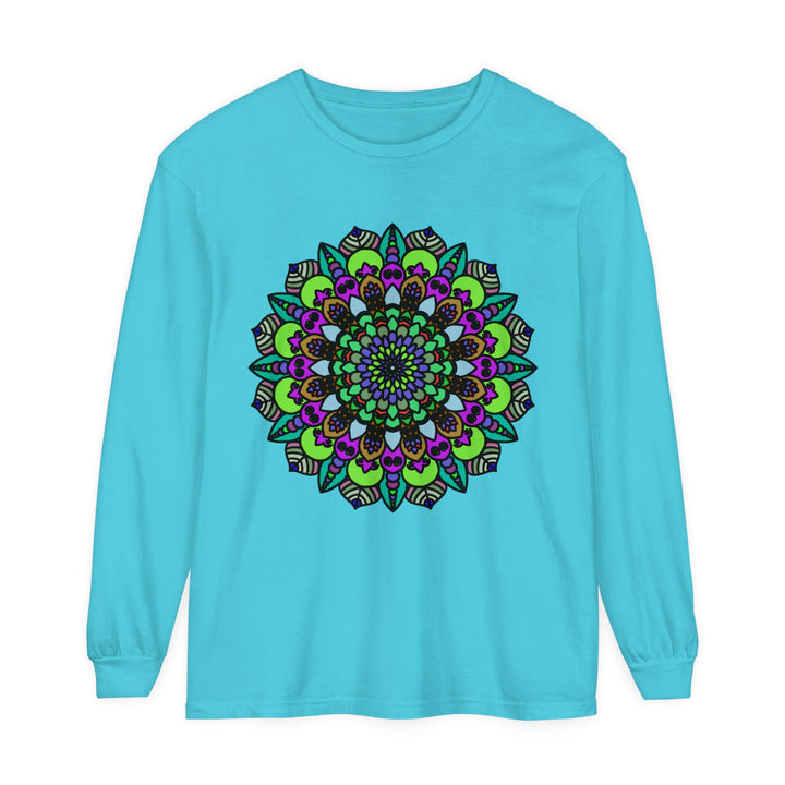 Colorful and intricate psychedelic mandala design on a unisex long sleeve t-shirt