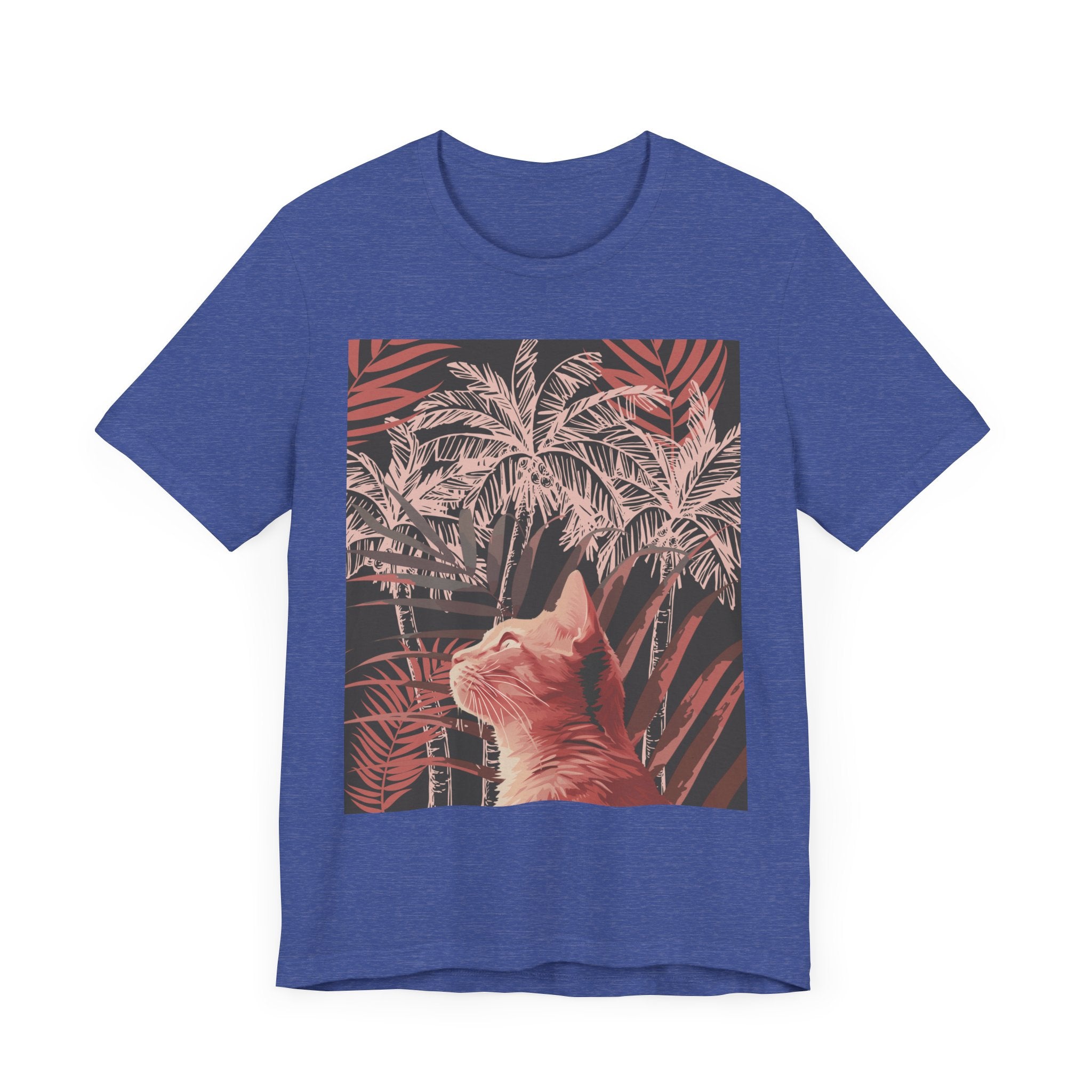 A cozy white t-shirt featuring a cute ginger cat lounging under a palm tree