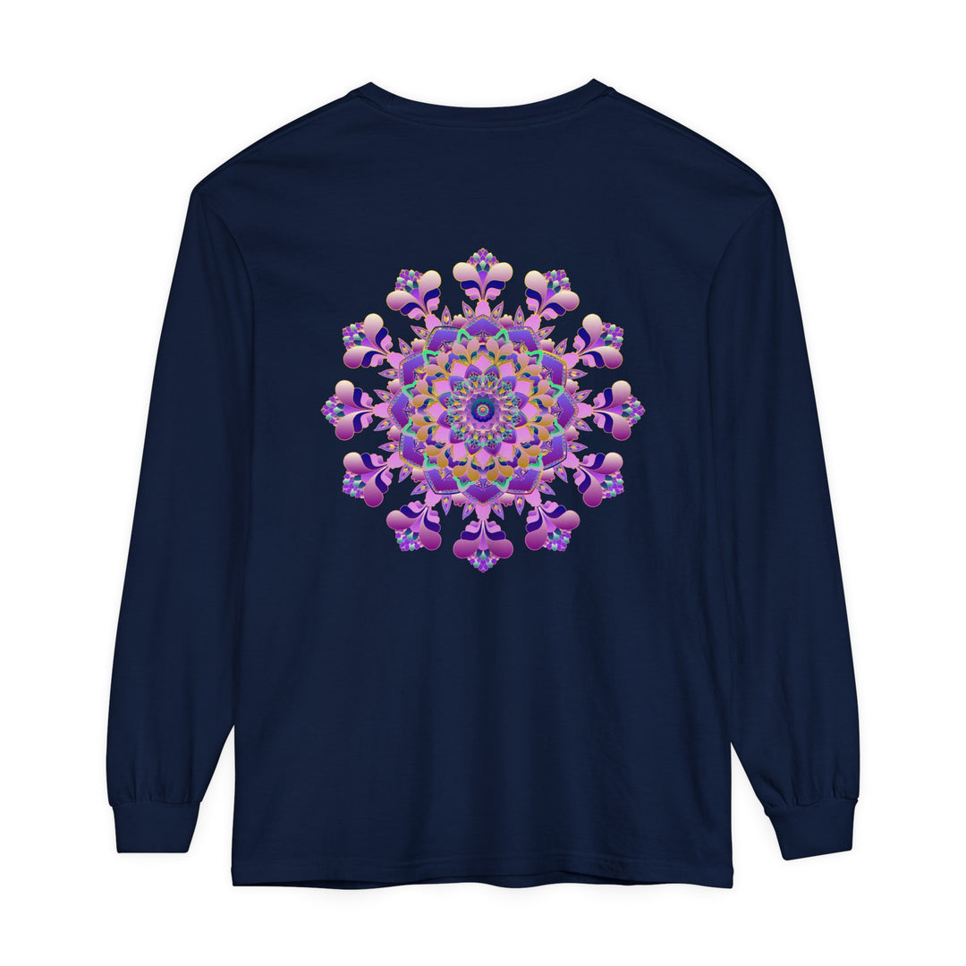 A close-up image of a unisex long sleeve t-shirt featuring an intricate mandala design with vibrant colors and detailed patterns