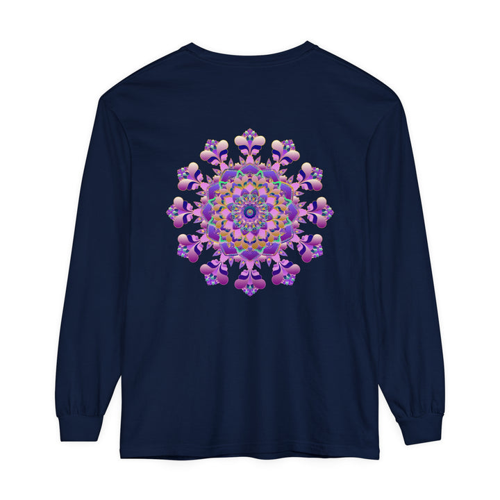 A close-up image of a unisex long sleeve t-shirt featuring an intricate mandala design with vibrant colors and detailed patterns