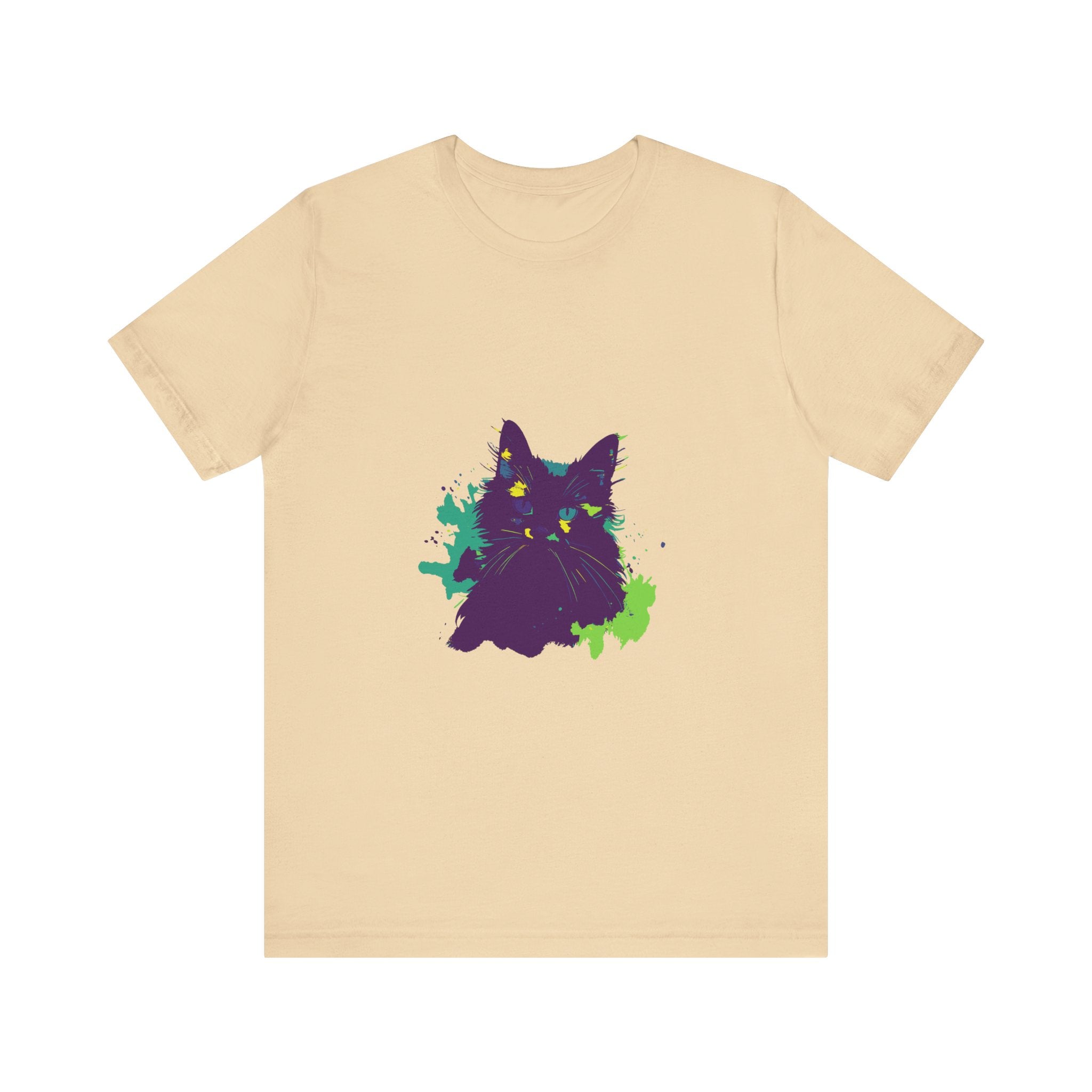 Vibrant purple t-shirt with abstract cat design, perfect for mystery lovers