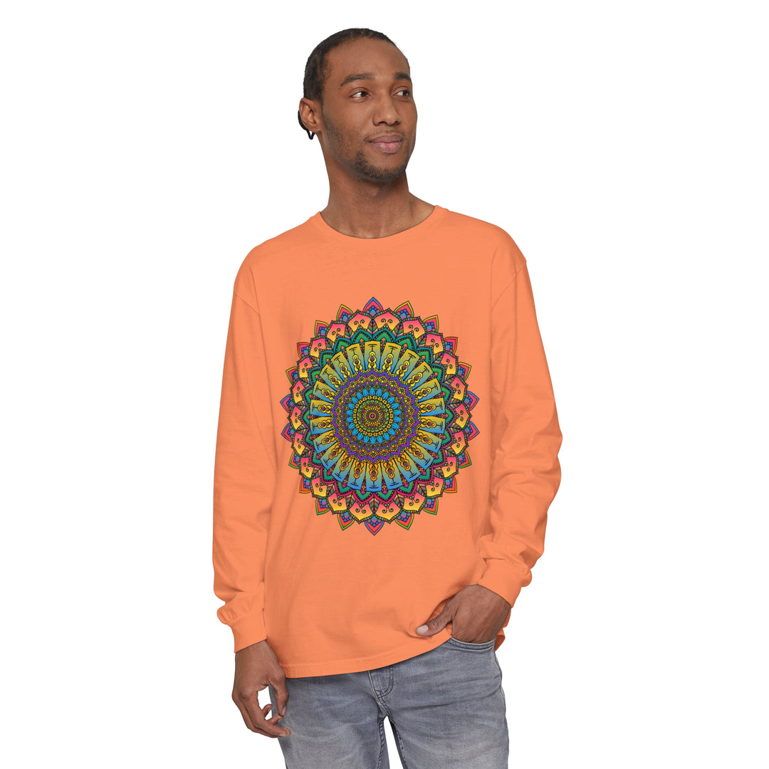 A detailed, colorful mandala design adorns this comfortable unisex long sleeve t-shirt