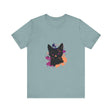 Black Cat Mystery T-Shirt with Purple Eyes, a spooky and stylish design for Halloween lovers