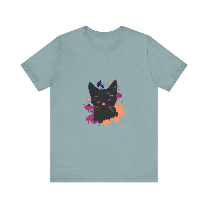 Black Cat Mystery T-Shirt with Purple Eyes, a spooky and stylish design for Halloween lovers