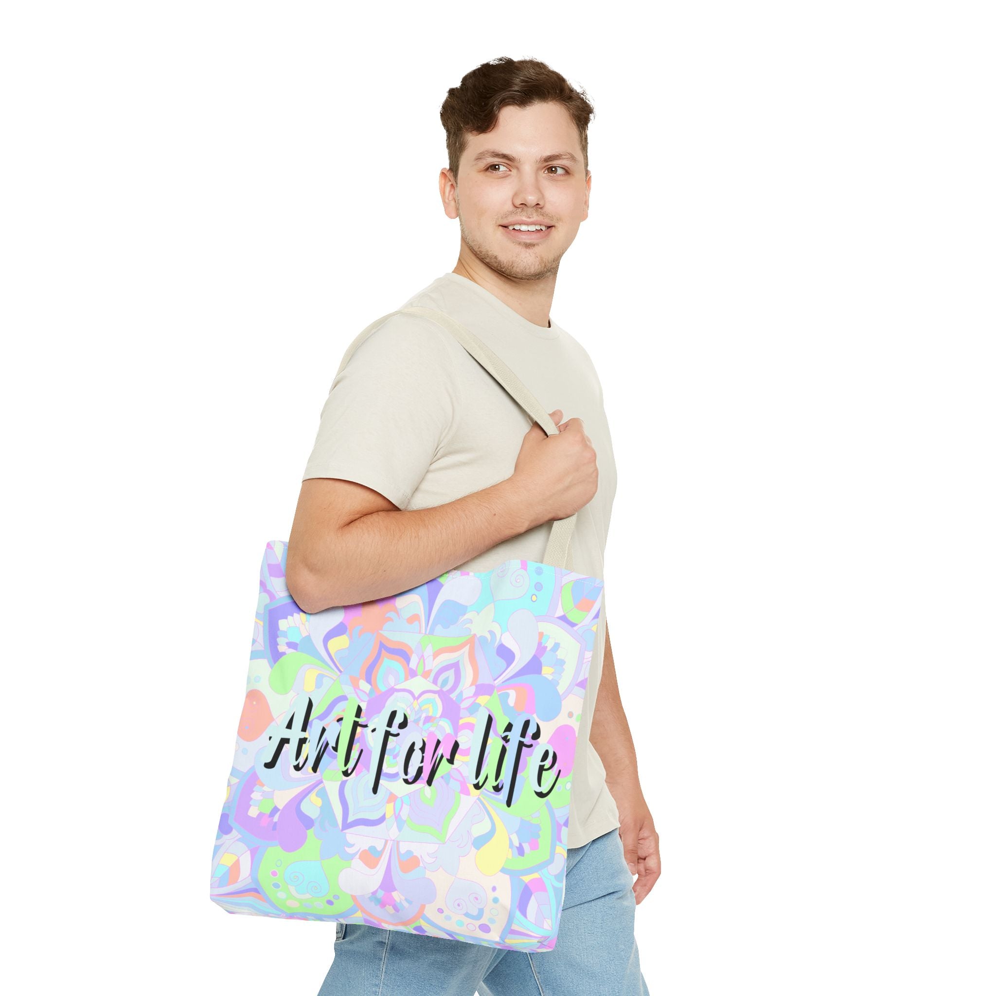 A beautiful mandala tote bag featuring a 'Art for Life' quote