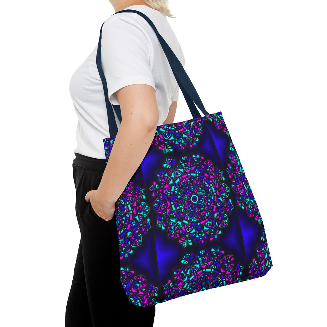 Kaleidoscope Mandala Tote Bag — Vibrant Neon Floral Pattern