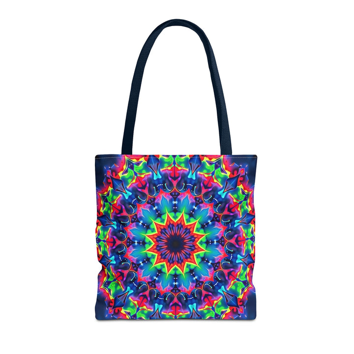 Colorful psychedelic mandala tote bag with intricate patterns and vibrant designs