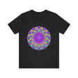 Colorful purple and green mandala design tee shirt with intricate patterns