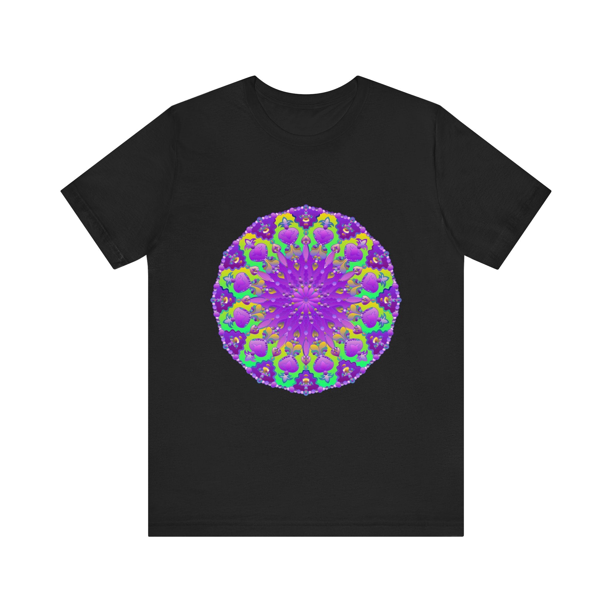 Colorful purple and green mandala design tee shirt with intricate patterns