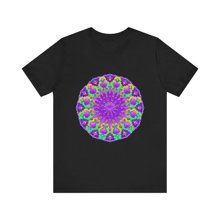 Colorful purple and green mandala design tee shirt with intricate patterns