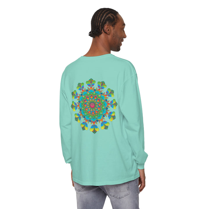 Colorful and intricate psychedelic mandala tie dye long sleeve t-shirt on white background