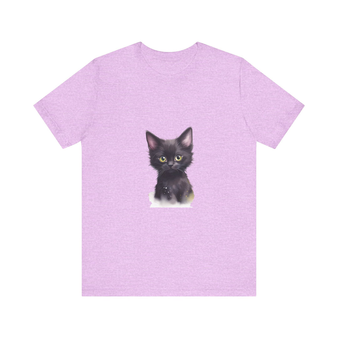 Black t-shirt with a mystical kitten design featuring a majestic black cat surrounded by stars and moons, perfect for cat lovers and fans of all things magical