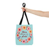 Stylish floral tote bag with the motivational quote 'Bloom Where You Are Planted' available in 3 different sizes