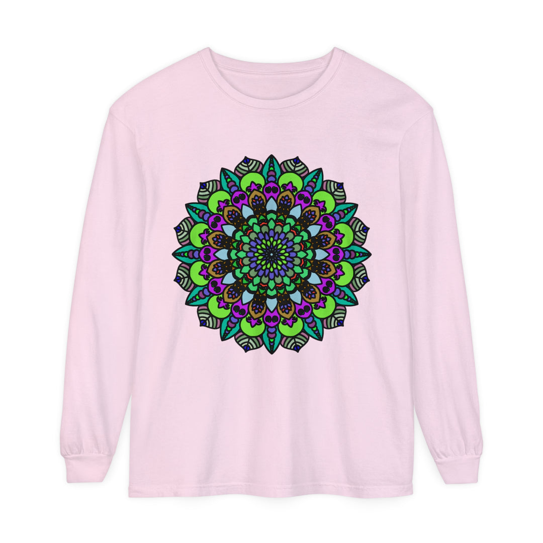 Colorful and intricate psychedelic mandala design on a unisex long sleeve t-shirt