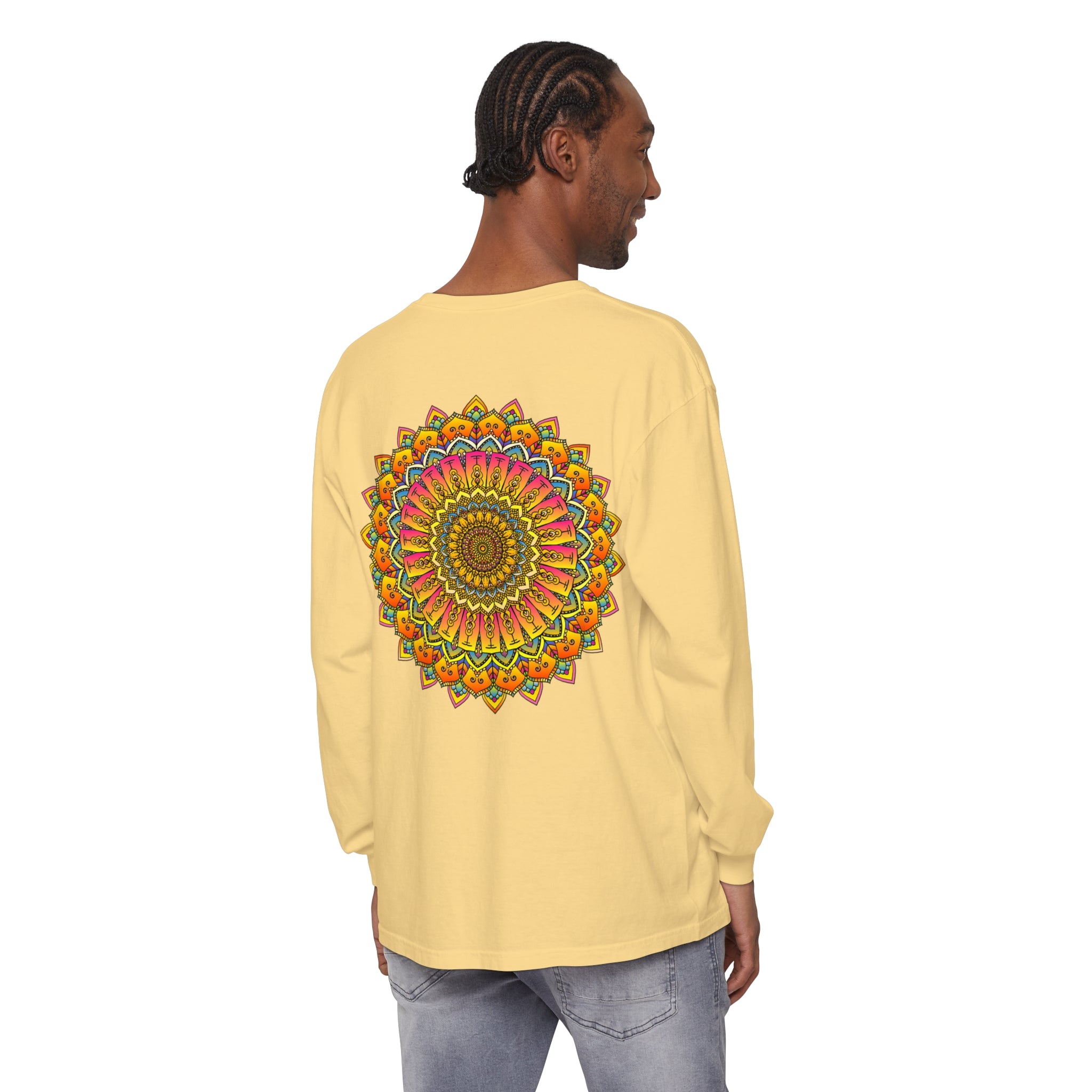 Colorful and intricate mandala design adorns this long sleeve unisex t-shirt