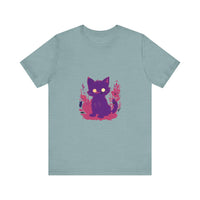 Vibrant purple t-shirt featuring a whimsical design of a mysterious cat