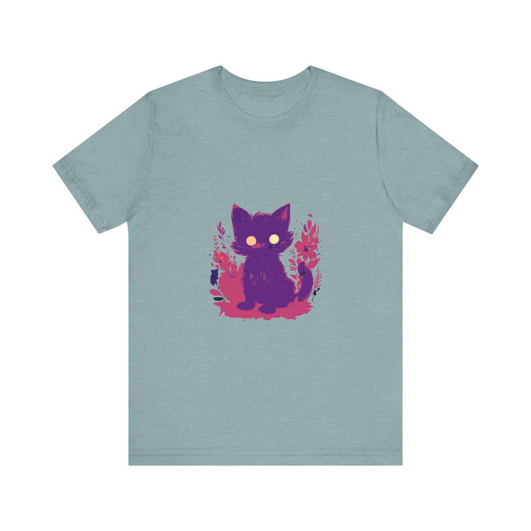 Vibrant purple t-shirt featuring a whimsical design of a mysterious cat