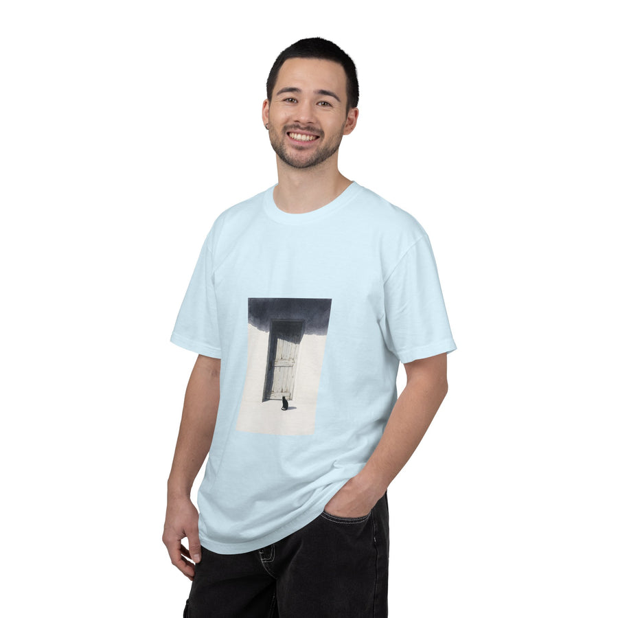 T-Shirt — Minimal Art Cat at Door Graphic Tee