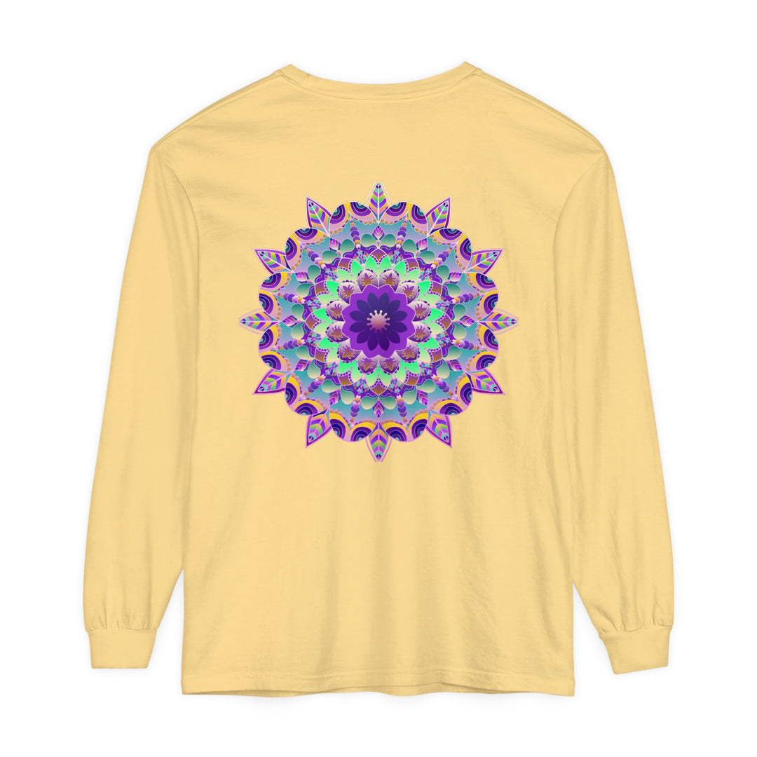 Colorful and intricate psychedelic mandala design on a long sleeve t-shirt