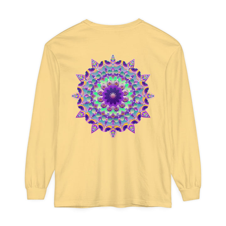 Colorful and intricate psychedelic mandala design on a long sleeve t-shirt