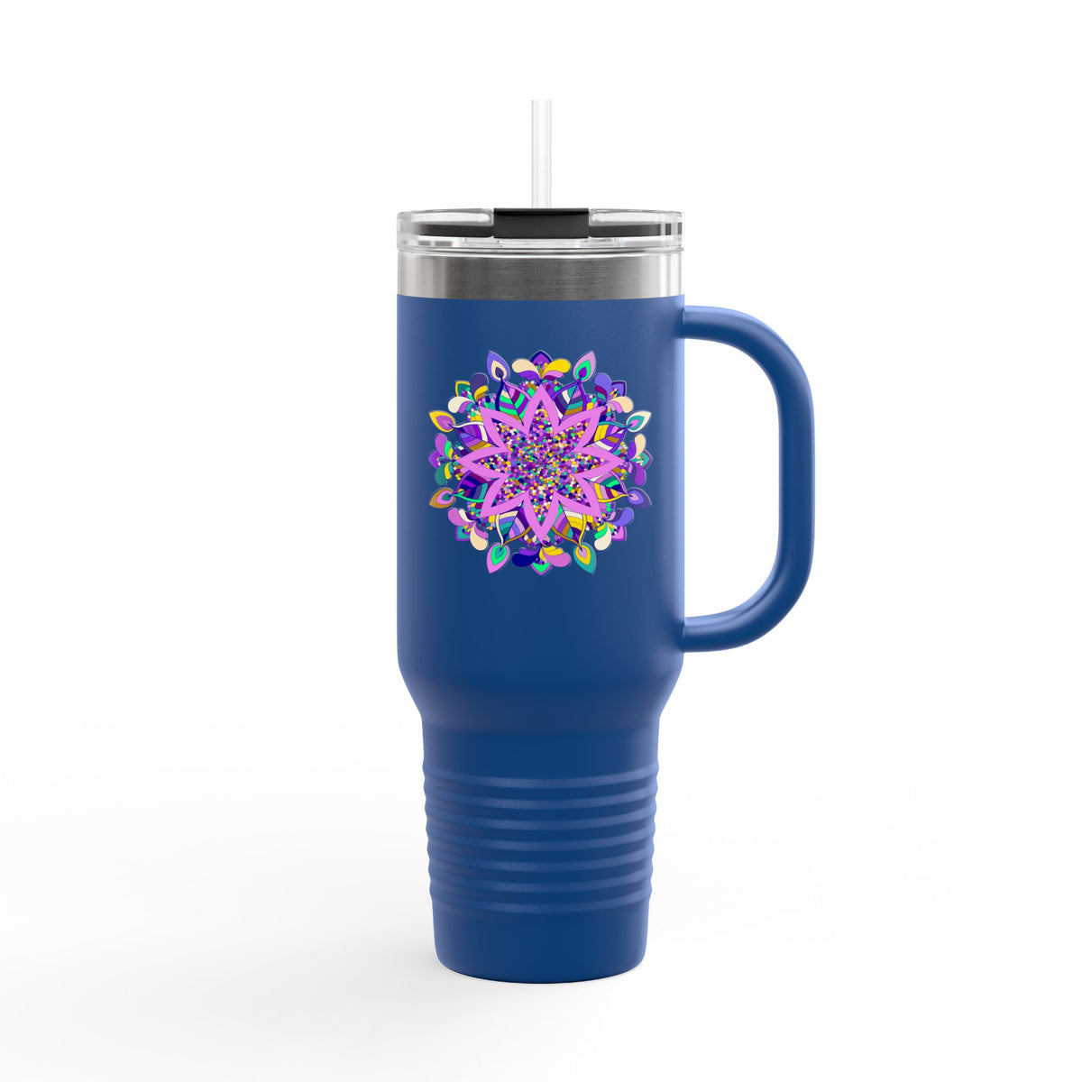 40oz Insulated Travel Mug — Purple Floral Mandala Design