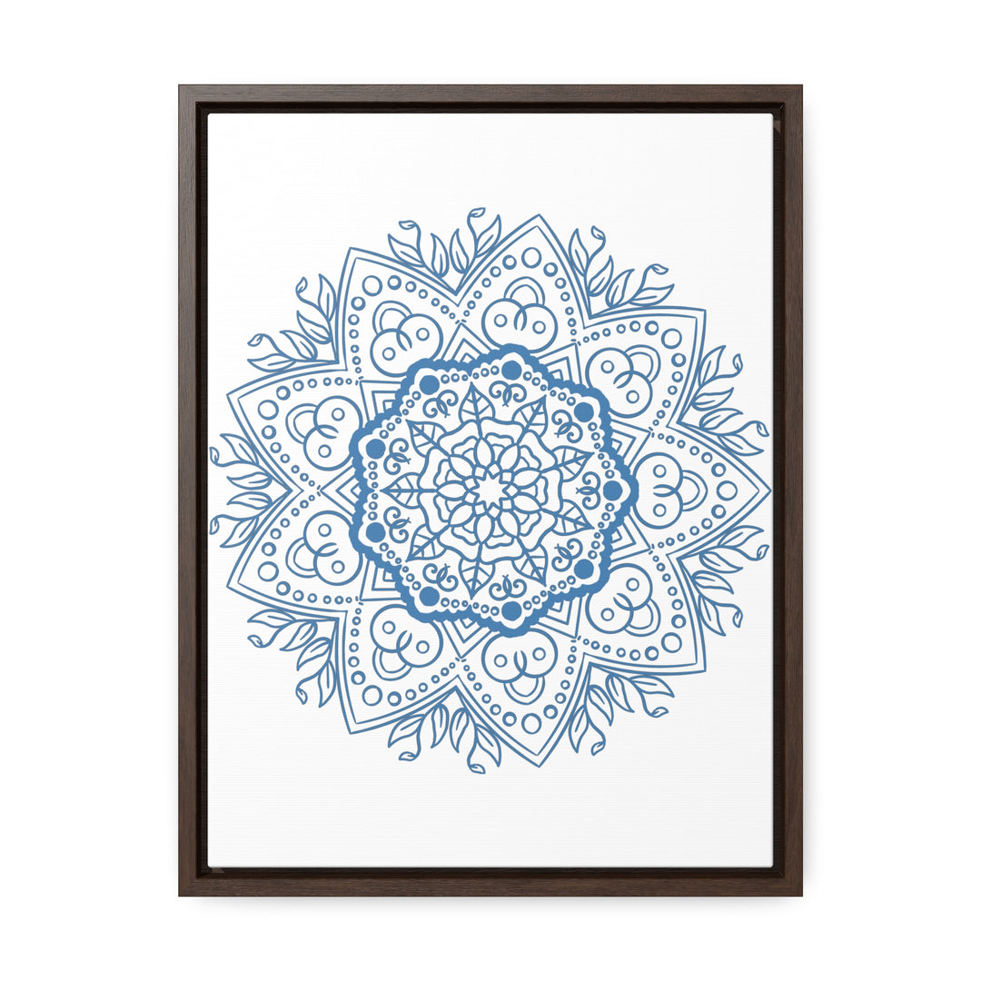 A vertical steel blue Mandala Handmade Art design wall art on gallery canvas wraps