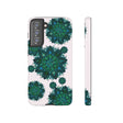 Beautiful light pink and green mandala phone case with a peaceful and intricate design