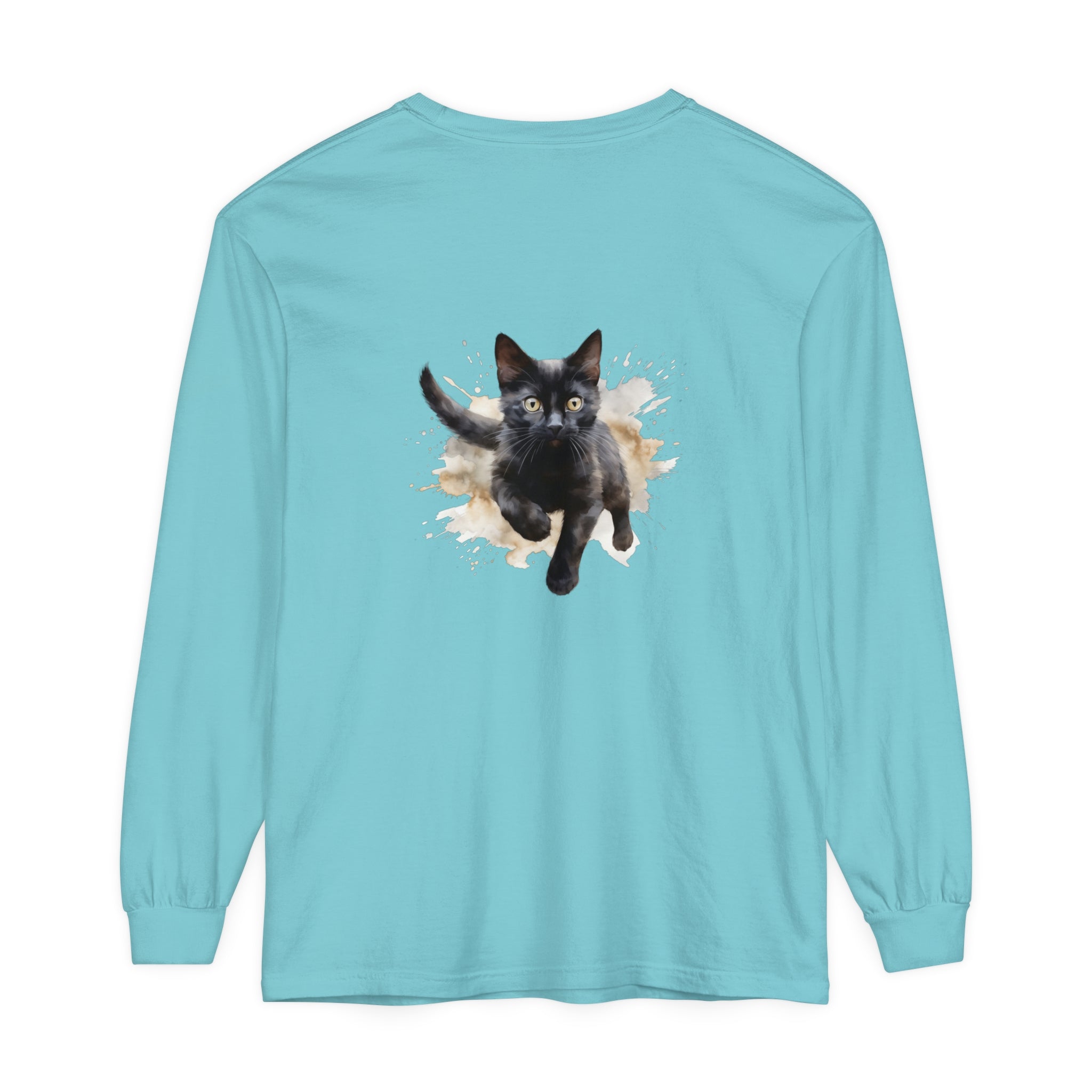 Black Cat Watercolor Splash T-Shirt with vibrant black cat design and colorful watercolor splashes on a comfortable, high-quality shirt