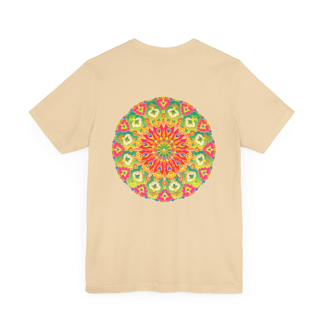 Beautiful and colorful mandala t-shirt with spiritual symbols promoting peace and harmony