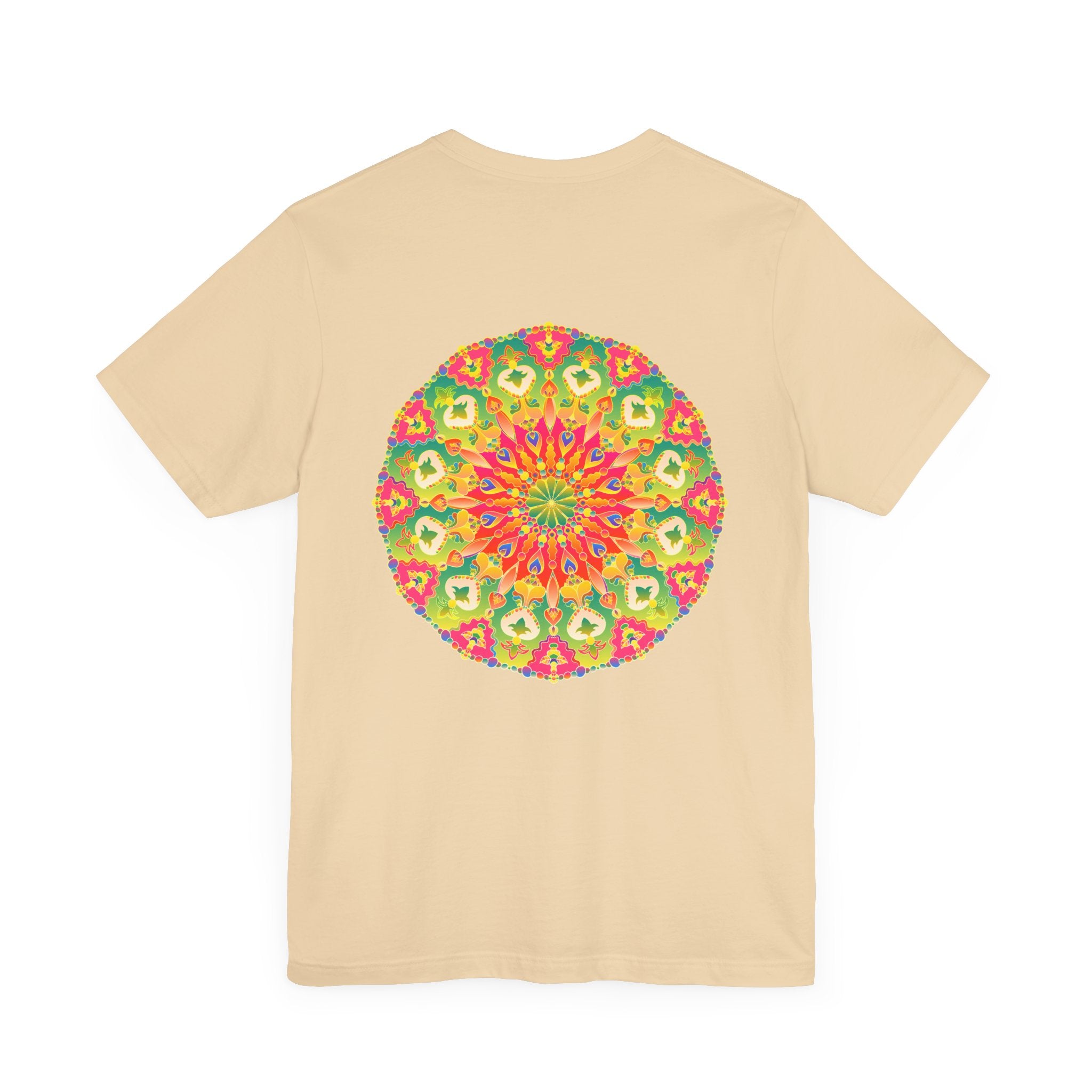 Beautiful and colorful mandala t-shirt with spiritual symbols promoting peace and harmony