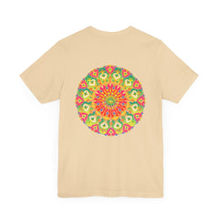 Beautiful and colorful mandala t-shirt with spiritual symbols promoting peace and harmony