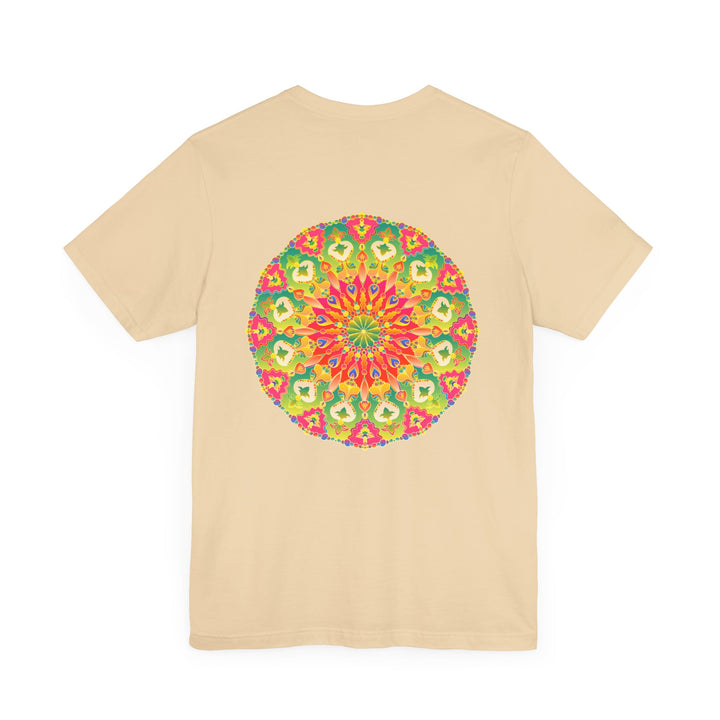 Beautiful and colorful mandala t-shirt with spiritual symbols promoting peace and harmony