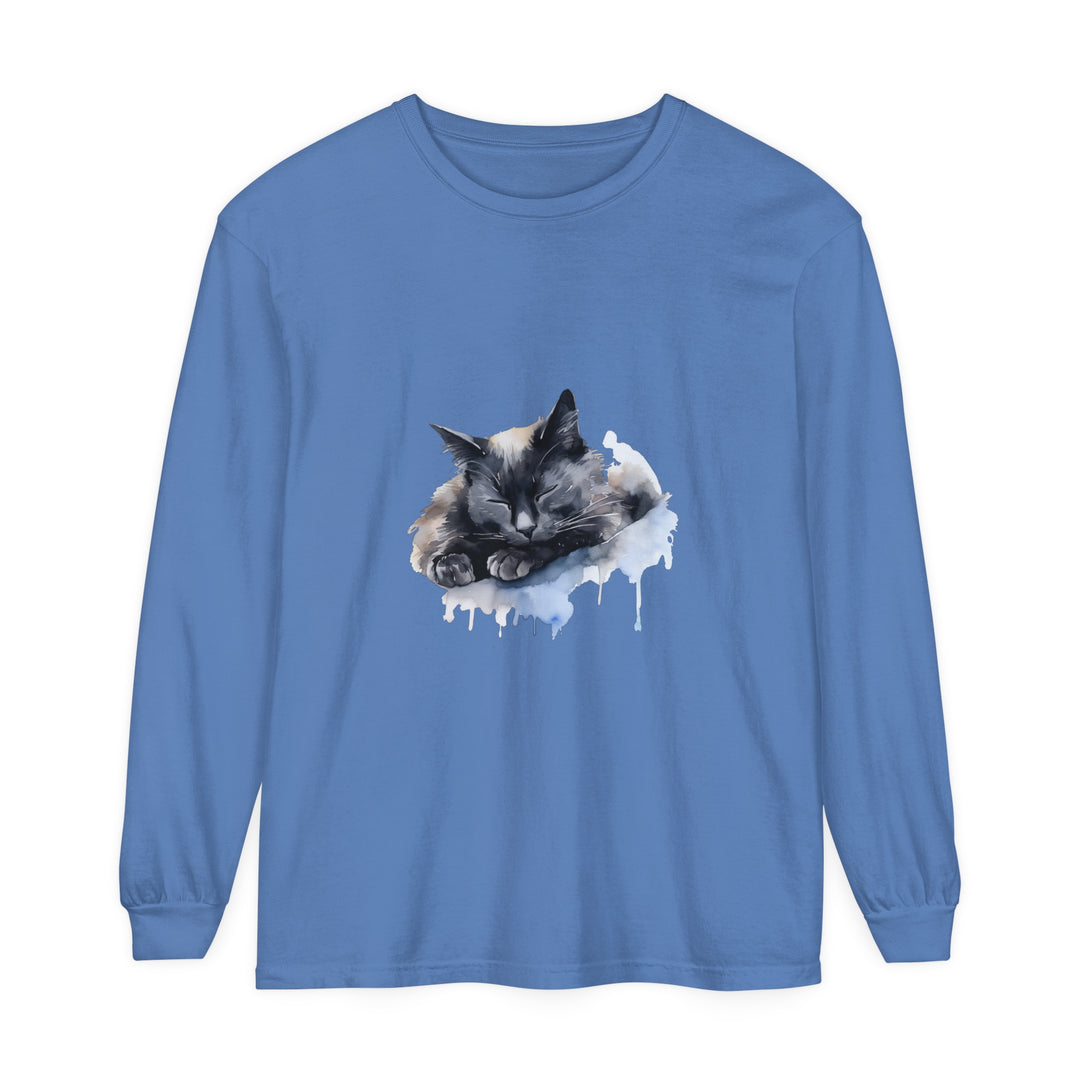 A beautiful watercolor illustration of a sleeping cat printed on a comfortable t-shirt