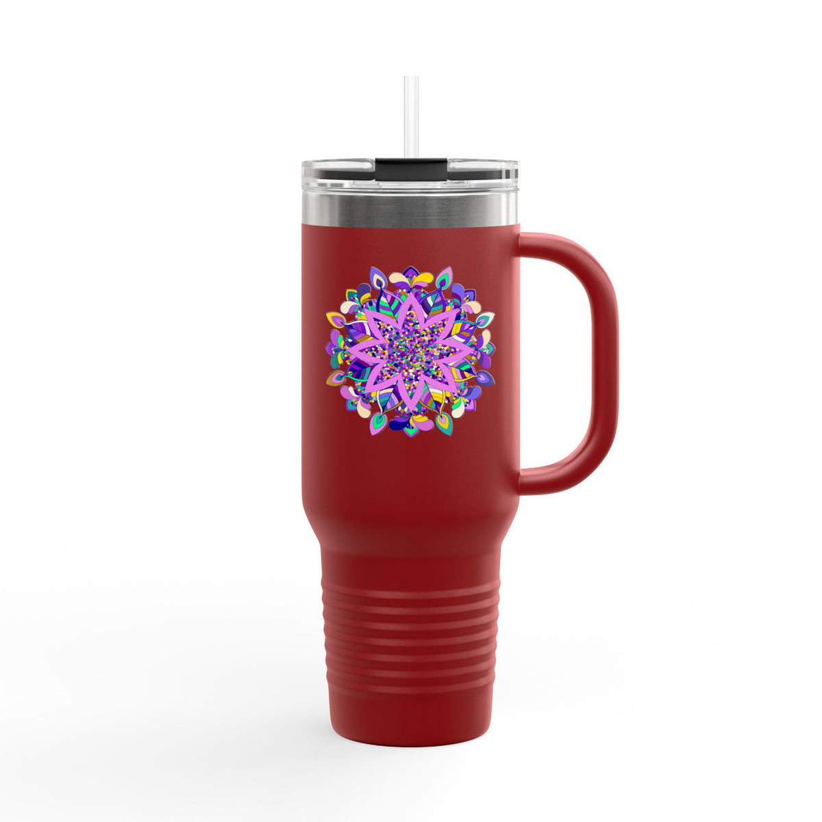 40oz Insulated Travel Mug — Purple Floral Mandala Design