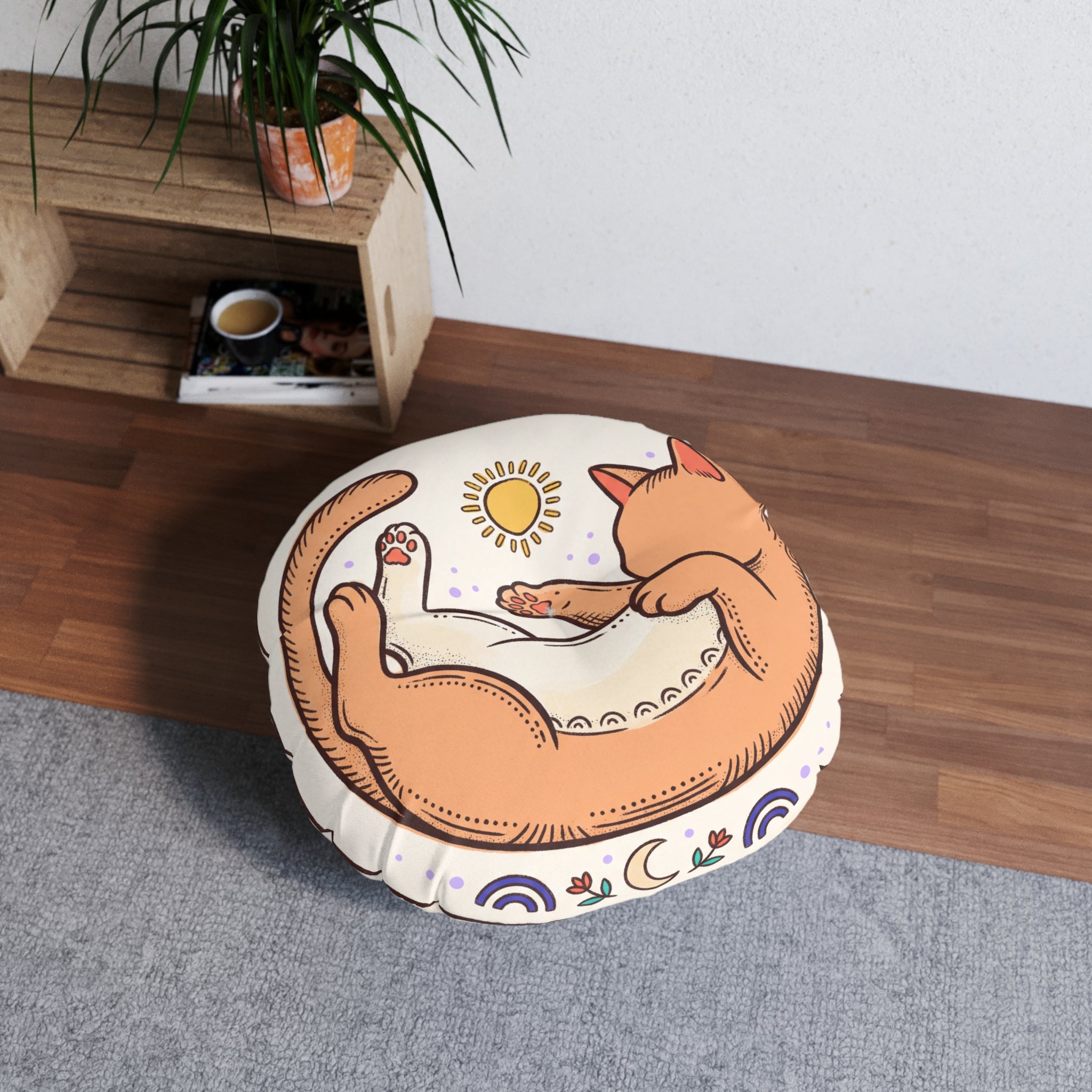 Curled Cat Boho Round Floor Pillow