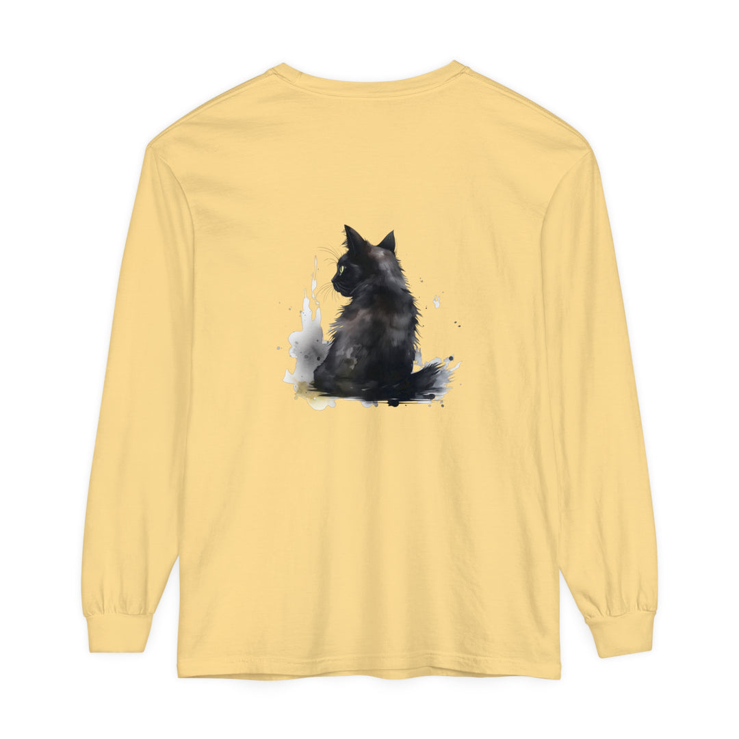 Black Cat Watercolor Dream long sleeve t-shirt with vibrant, hand-painted feline design